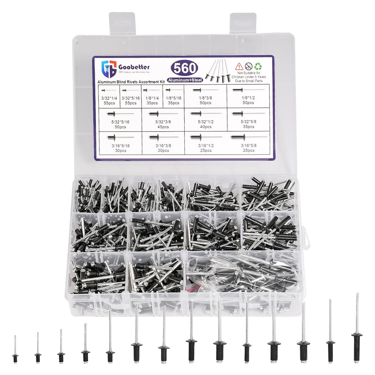 【R0505S 】 Pop対応コンバージョンキット 560 Pcs 14 Sizes Pop Rivets Assortment Kit, Aluminum Rivets,Blind