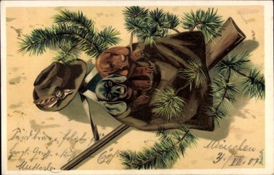 Litho Two Dachshunds in Backpack, Rifle, Fir Branches - 4889977