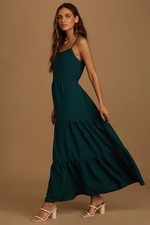 Lulus Forest Green Teal Flowy Tiered Maxi Dress NWT