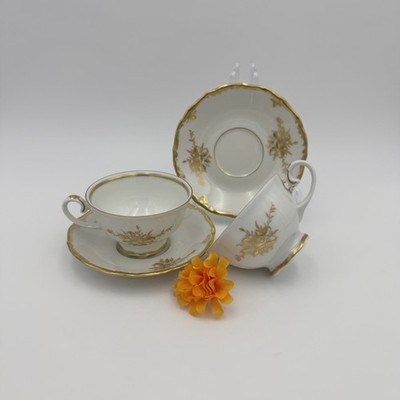 Reichenbach Footed Cup And Saucer Demitasse/Tea Set of (2) Rose & Gold Trim GDR