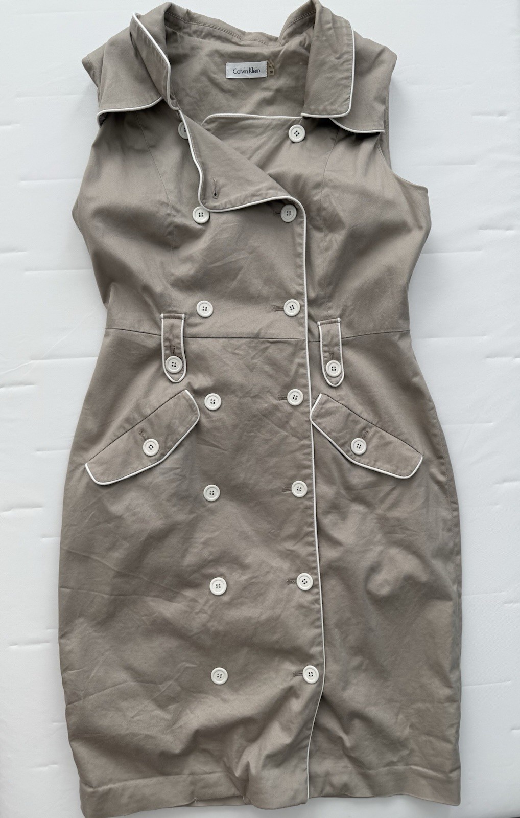 Calvin Klein Beige Cotton Sheath Dress Collared Sleeveless Button Piping Size 10