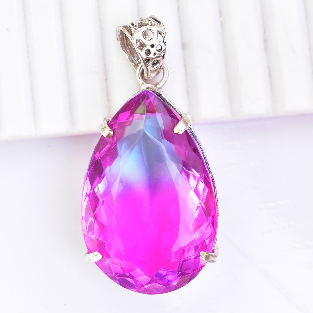 103 Ct LAB-CREATED Certified Bi-Color Sapphire 925 Sterling Silver Pear Pendant