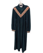 Vintage Vanity Fair Robe Womens XL Green Velour Zip Housecoat Embroidery USA 80s
