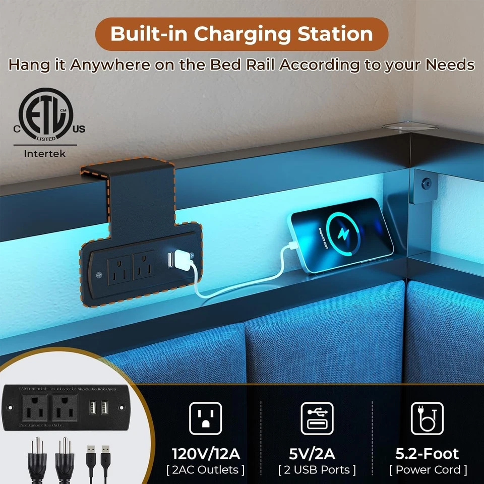 Full Size Corner Bed Frame with Drawers,Charging Station,Led Lights,Metal Daybed - Image 3 of 4