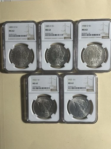 LOT OF (5) MIXED MORGAN SILVER & PEACE DOLLARS ALL MS62 NGC 📈📈🔥🔥