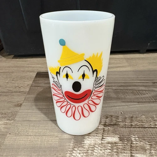 Vintage Hazel Atlas Clown Face White Milk Glass Drinking Tumbler 1950s