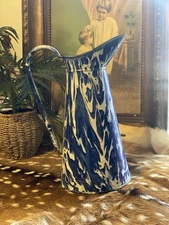 Antique 16” Cobalt Blue & White Swirl Graniteware Enamel Tall Pitcher ENGLISH