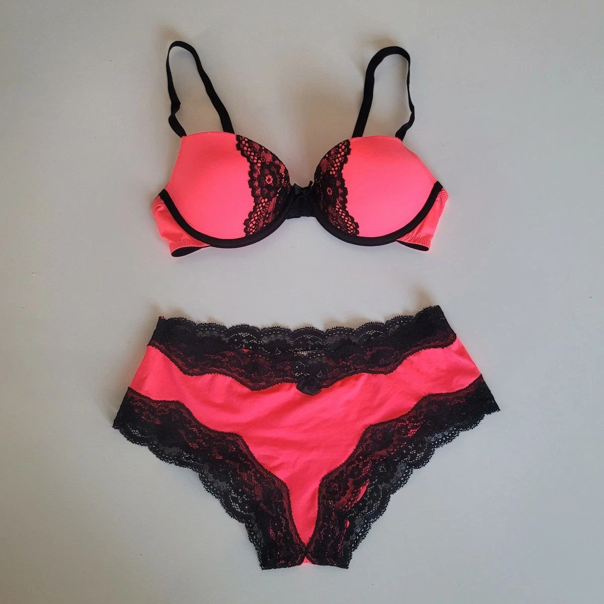 H&M Push Up Lace Bra 34B & Panty Hipster Cheeky Lacy Panties Size 6 Pink  Neon