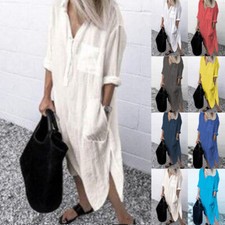 Womens Cotton Linen Maxi Shirt Dress Ladies Baggy Long Sleeve Beach Kaftan Dress