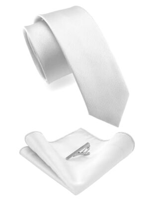  2.4'' Solid Color Skinny Tie and Pocket Square with Tie Clip Sets for White2