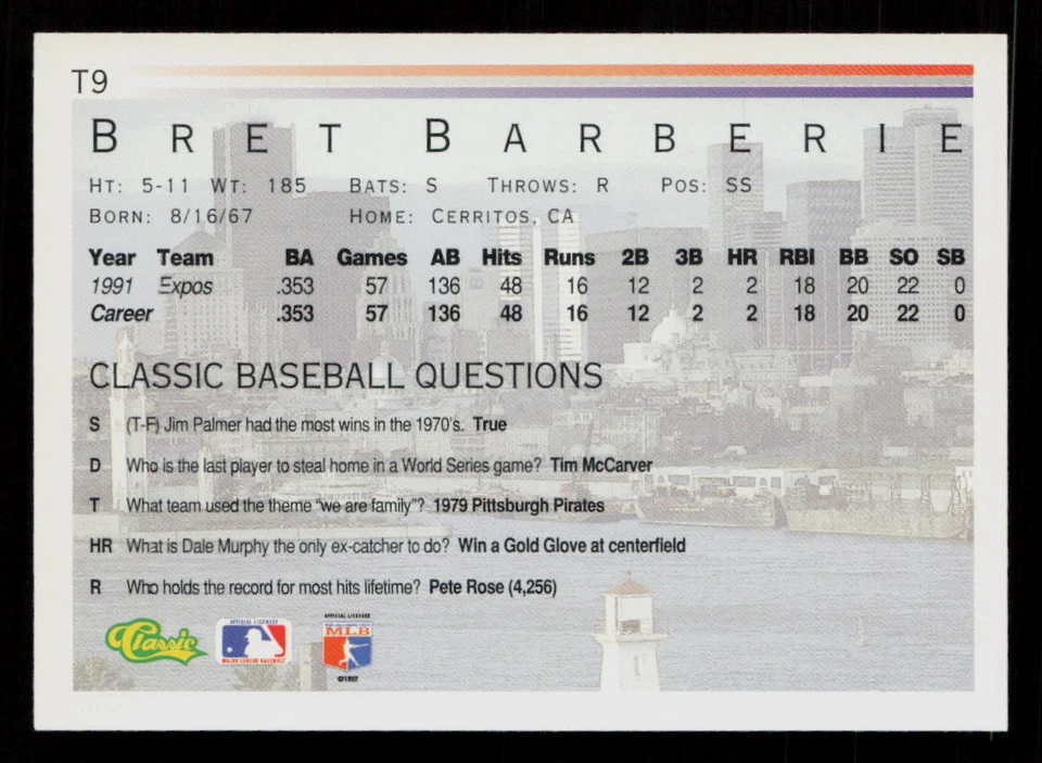 1992 Classic I Bret Barberie #T9 Montreal Expos Baseball Card - Image 2 of 2