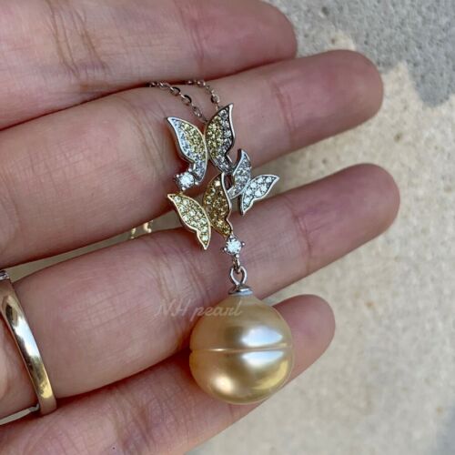 18k Gold Pretty Butterfly Pendant Genuine Real Southsea Pearl 13mm Chain Jewelry - Picture 2 of 5