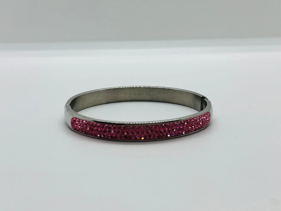 FIRMADO JCM Acero Inoxidable Cristal Rosa Brazalete Bisagra Tono Plata Pulsera Foto 4 de 4