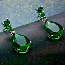 4Ct Pear Simulated Green Emerald Drop  Dangle Earrings White Gold Plated Silver