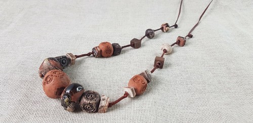 Handcrafted Clay Bead On Leather Chord Necklace - Picture 3 of 7