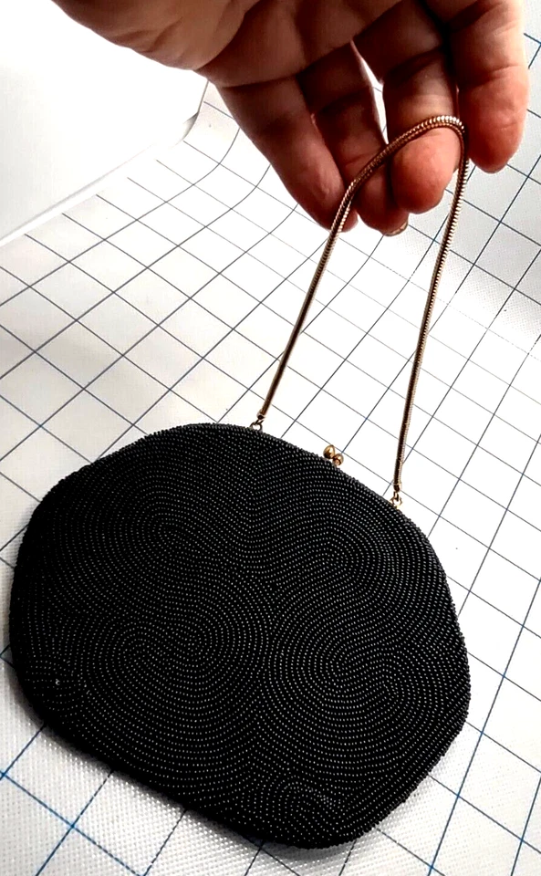 Black Seed Beaded Bag Purse Handbag Neiman Marcus Evening Elegant Satin Lining - Image 3 of 4