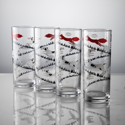Set Of 4 Tally Ho Fox & Hound Hunt Highball Glass Red Fox White Dog Reproduction