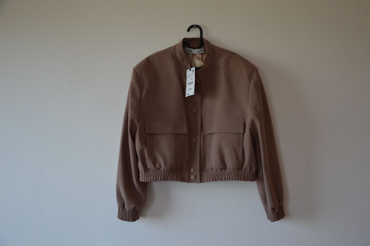 ZARA NEW BEIGE BROWN CROPPED MAXI BOMBER JACKET WITH ZARA NEW BEIGE BROWN CROPPED MAXI BOMBER JACKET WITH