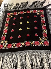 Antique Vintage 1920s Art Deco Embroidered Piano Shawl Fringed Roses Silk