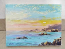 painting picture blue summer landscape sunset signed art living room oil canvas