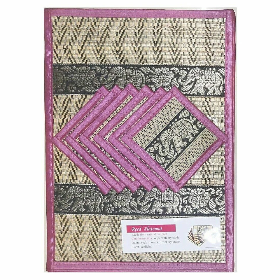 Mats DiningTable Coasters Placemats Kitchen Thai Silk Reed Elephant Round Set 6 - Image 4 of 4