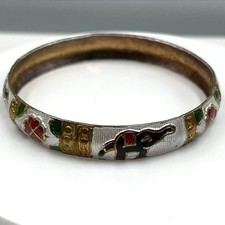 Vintage Gold Tone Flat Mesh Bangle Bracelet Elephant Floral Enamel Bohemian Gift
