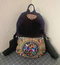 Black Canvas Multi-Color Floral Embroidered Small Backpack / Purse Boho