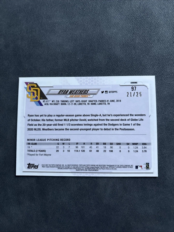 2021 Topps Chrome - Ryan Weathers #97 Orange Wave Refractor /25 (RC) - Image 2 of 2