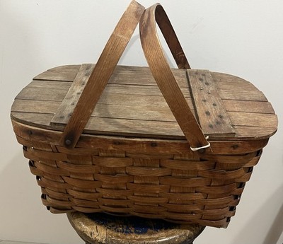 Antique Wood Woven Picnic Basket With Handles Sturdy