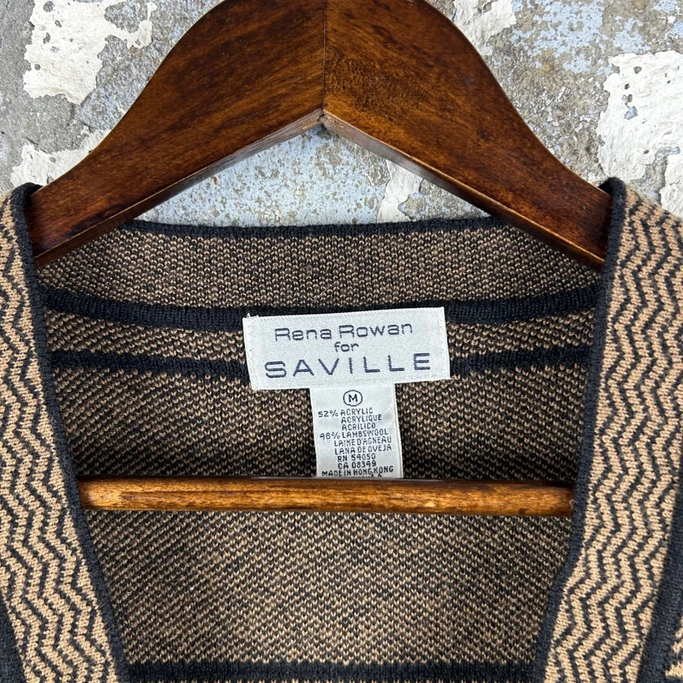 Cárdigan Rena Rowan Saville Marrón Negro Estampado Geométrico Tejido Suéter M Foto 4 de 4