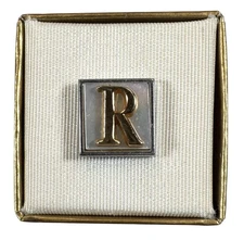 Vintage Swank Initial R Tie Tack Pin Chain Bar Mother of Pearl Two Tone USA