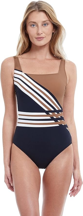 Gottex Women's Ocean Breeze Square Neck One Piece Swimsuit Brown Multi, 6 NWT
