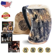XL Viking Drinking Horn 30oz Authentic Ox Horn Tankard Low Polish Ring Engraving