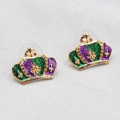 Fluer Di Lis New Orleans Enamel Crown Pierced Earrings Gold tone 1/2'' Drop