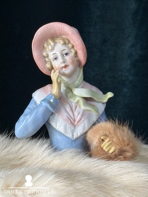 Unidentified Antique German 4.5  Pin Cushion Half Doll Arms Away With Fur Muff