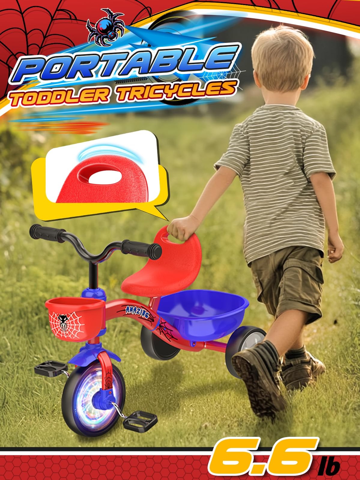 Tricycle for Toddlers 1-3 3-5 Year Olds, Spider Toddler Bike Baby Balance Bik... thumbnail 9