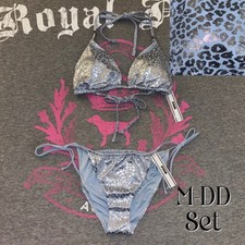 Victoria  s Secret PINK String Bikini Set Icy Blue Leopard Foil Metallic Bling
