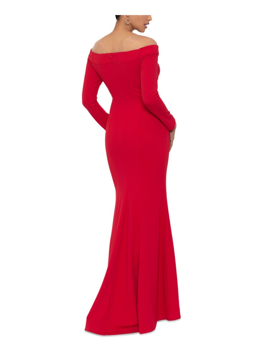XSCAPE Womens Red Lined Off The Shoulder Long Sleeve Full XSCAPE Womens Red Lined Off The Shoulder Long Sleeve Full