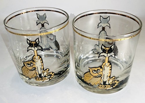 Vintage MCM Culver "Owl & The Pussy Cat" 22k Goldrand Cocktailgläser - Bild 3 von 11