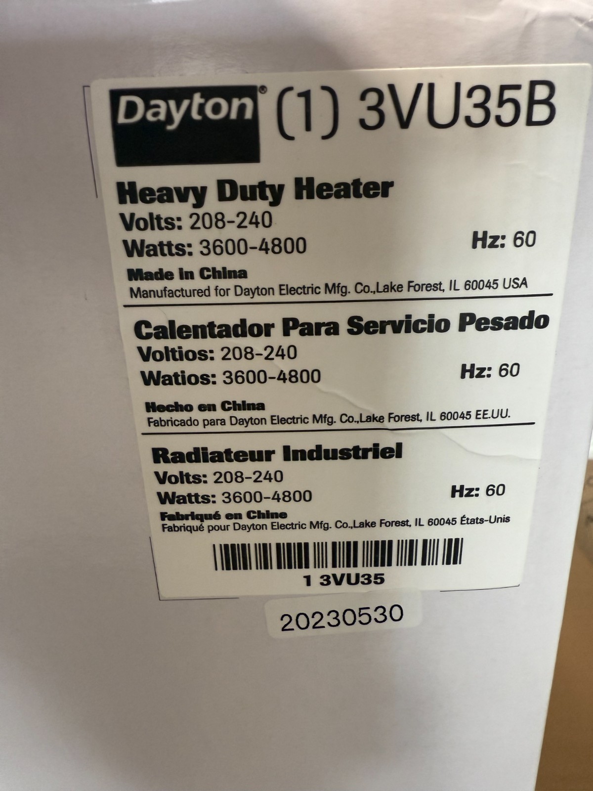 Dayton 3Vu35 Portable Electric Jobsite & Garage Heater, 3600