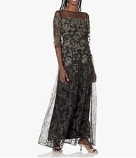 Adrianna Papell Gold/Black Embroidered Ball Gown Women's, 12