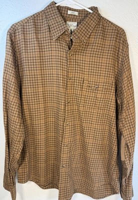 J Crew Button Up Flannel Shirt Mens Large Brown Plaid Slim Fit Elbow Pads ￼