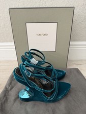 Women 37.5 Tom Ford Teal Velvet Strappy Sanda...