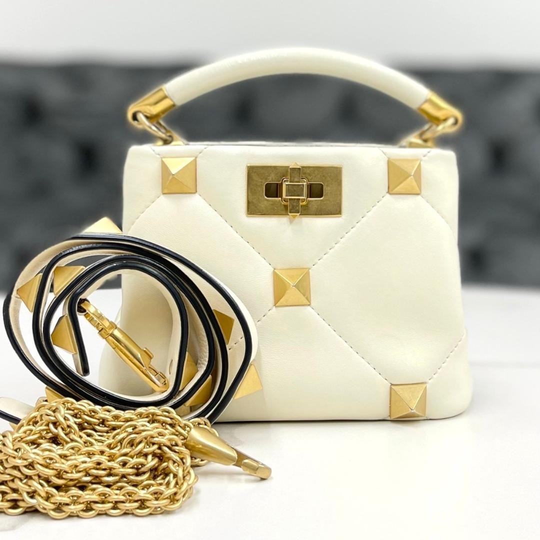 VALENTINO Women Roman Stud Leather 2Way Hand Shoulder bag Ivory Gold Chain thumbnail 7