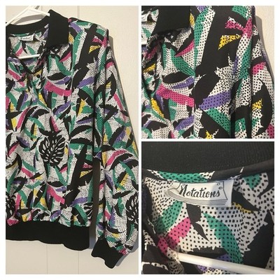 Notations Vintage Abstract Tropical Leaf Print Button Down Shirt Womens Top