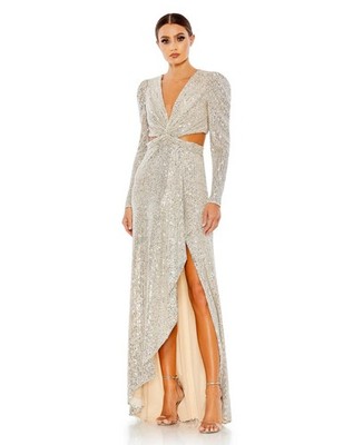 NWT IEENA MAC DUGGAL Silver Sequin Nude Long Sleeve Stretch Maxi Gown Dress 16