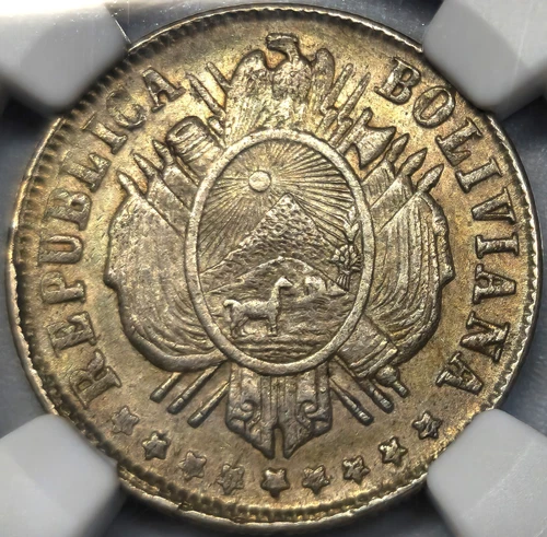 20 Centavos 1877 PTS FE Potosi UNION ES LA FUERZA Republic Bolivia AU58 NGC