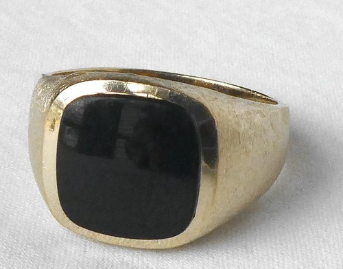 Classic Vintage 10k Gold Mens Onyx Flat Face Signet Ring Brushed Mount Sz 9.75