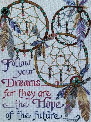 Vtg Native American Dream Catcher Finished Cross Stitch Follow Your Dreams