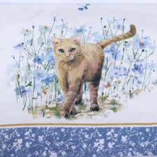 Bohemian Blue CAT & FLOWERS Terry Kitchen Towels by Kay Dee Designs 90s Vintage